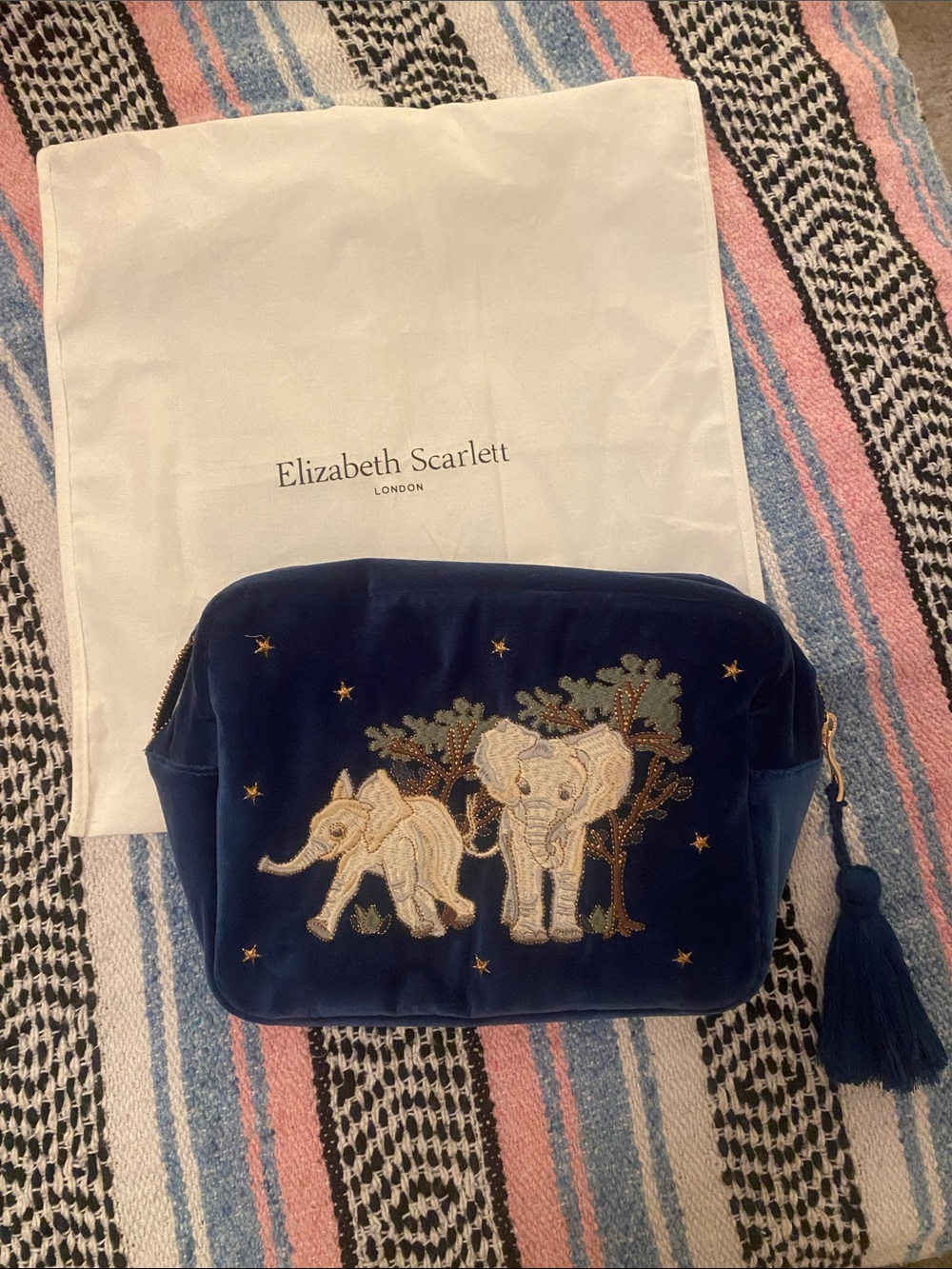LIKE NEW - Elizabeth Scarlett - Navy Velvet Elephant Embroidery Cosmetic Bag